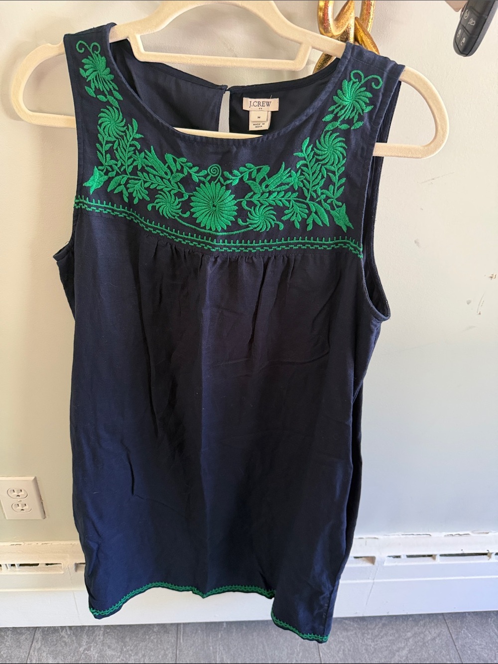 J. Crew Navy Sleeveless Embroidered Camisole with Green Floral Detail